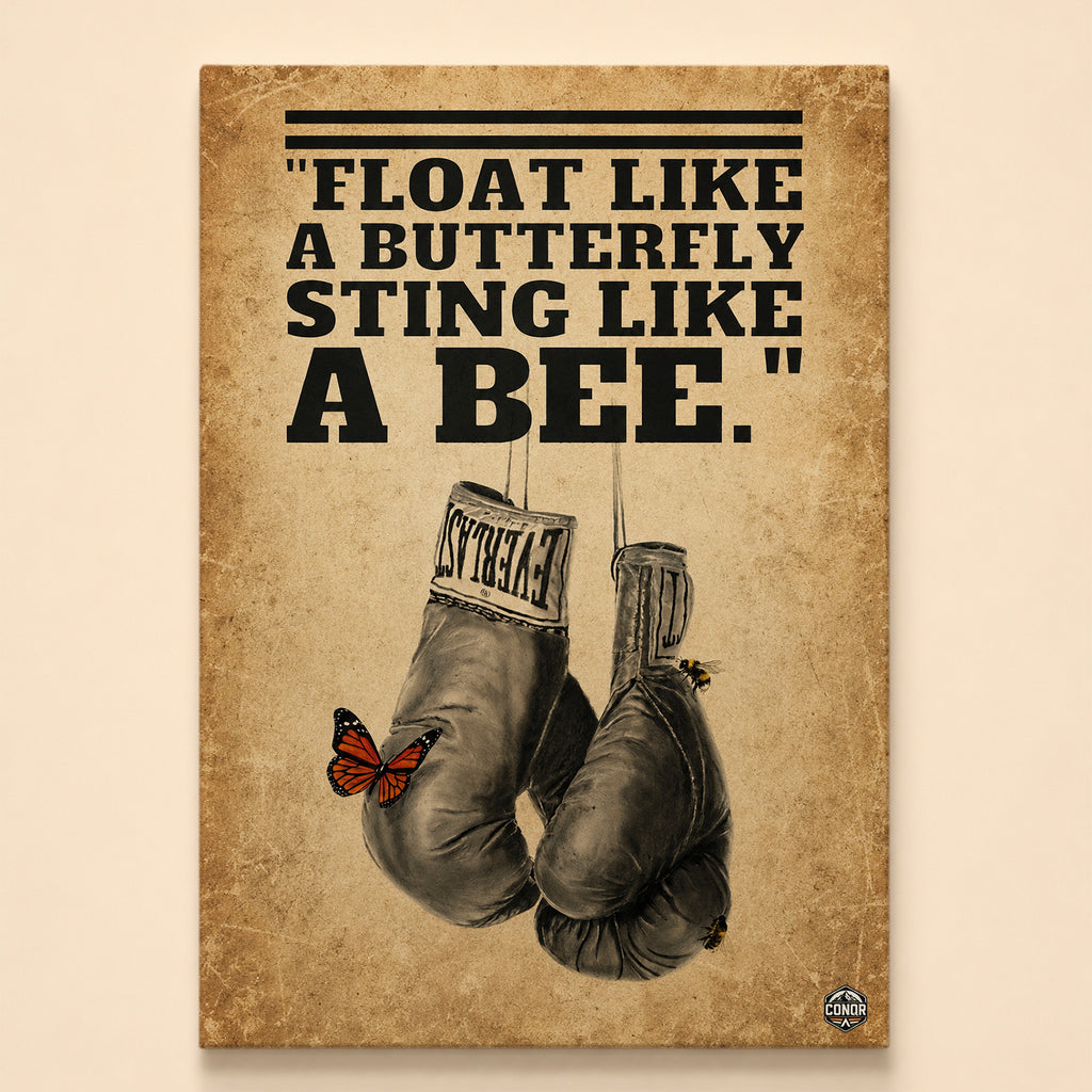 Hanging boxing gloves with a butterfly and a bee – float like a butterfly, sting like a bee