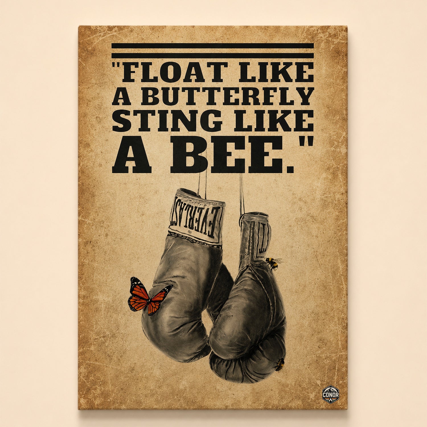Hanging boxing gloves with a butterfly and a bee – float like a butterfly, sting like a bee