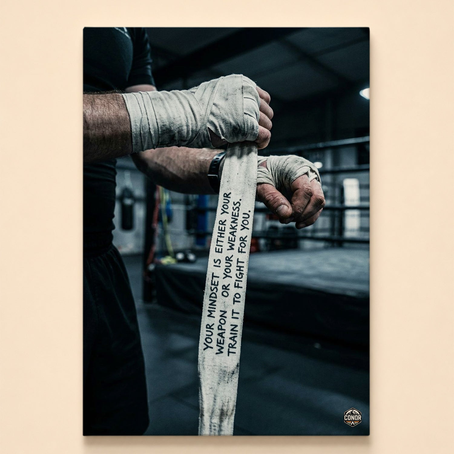 Hands wrapping worn boxing wraps printed with your mindset is either your weapon or your weakness