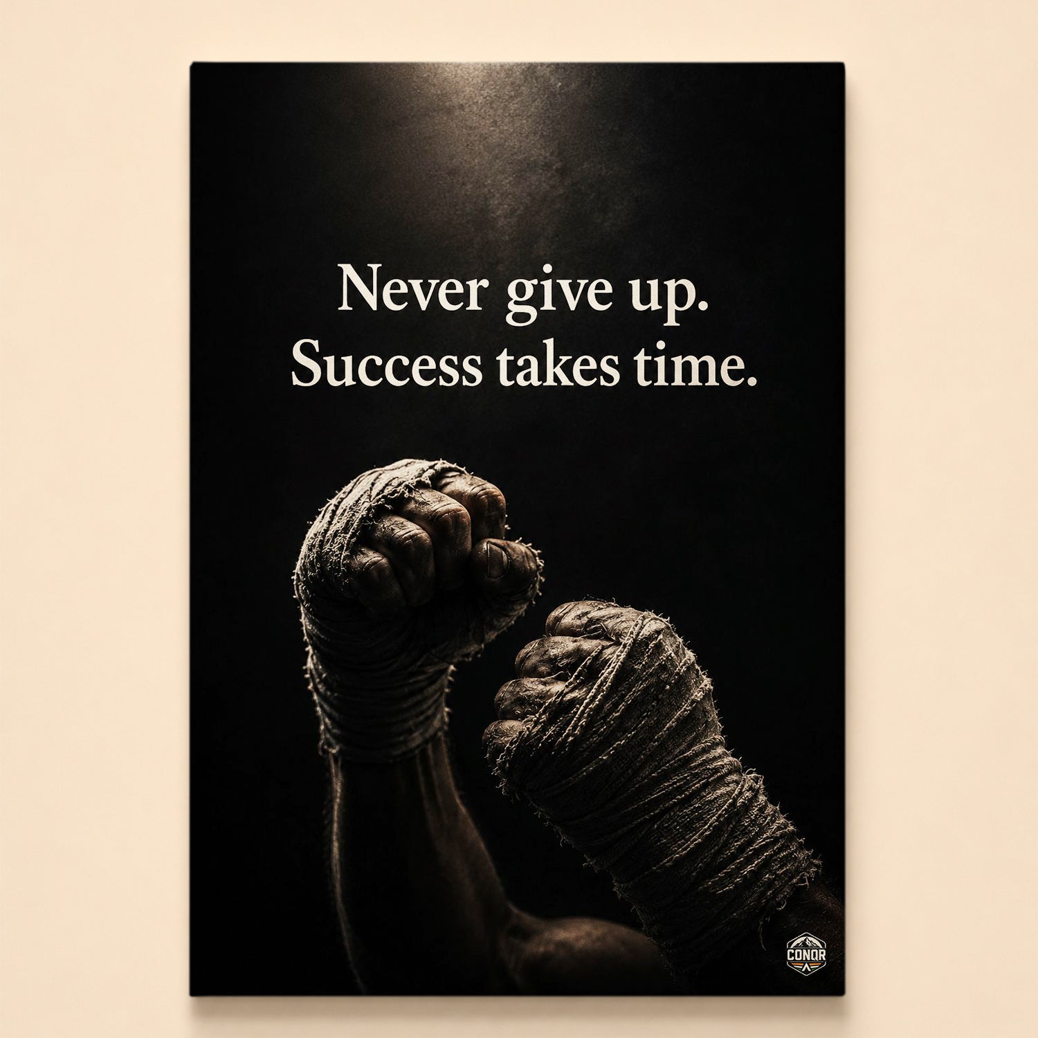 Two wrapped fists raised under a single light on black – never give up, success takes time