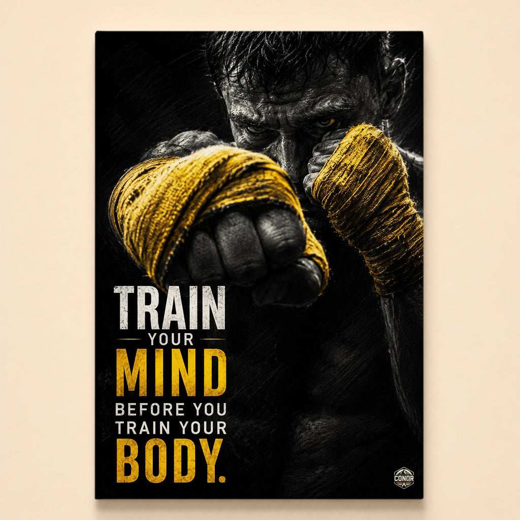 High-contrast fighter with gold hand wraps extending a fist – train your mind before you train your body