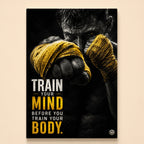 High-contrast fighter with gold hand wraps extending a fist – train your mind before you train your body