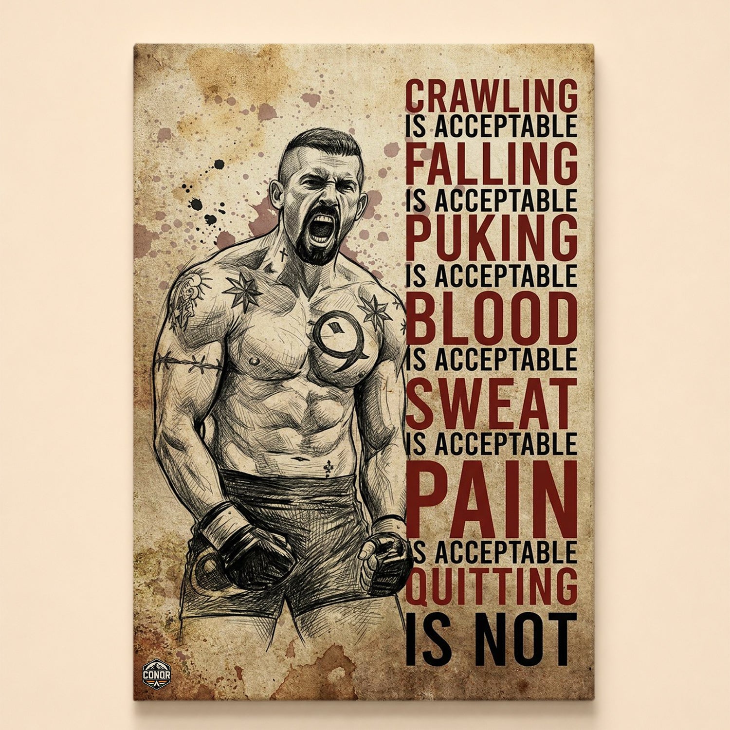 Sketch of a roaring tattooed fighter beside pain is acceptable, quitting is not