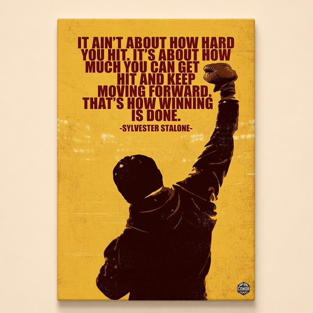 Silhouetted boxer raising a gloved fist to the crowd – how winning is done quote