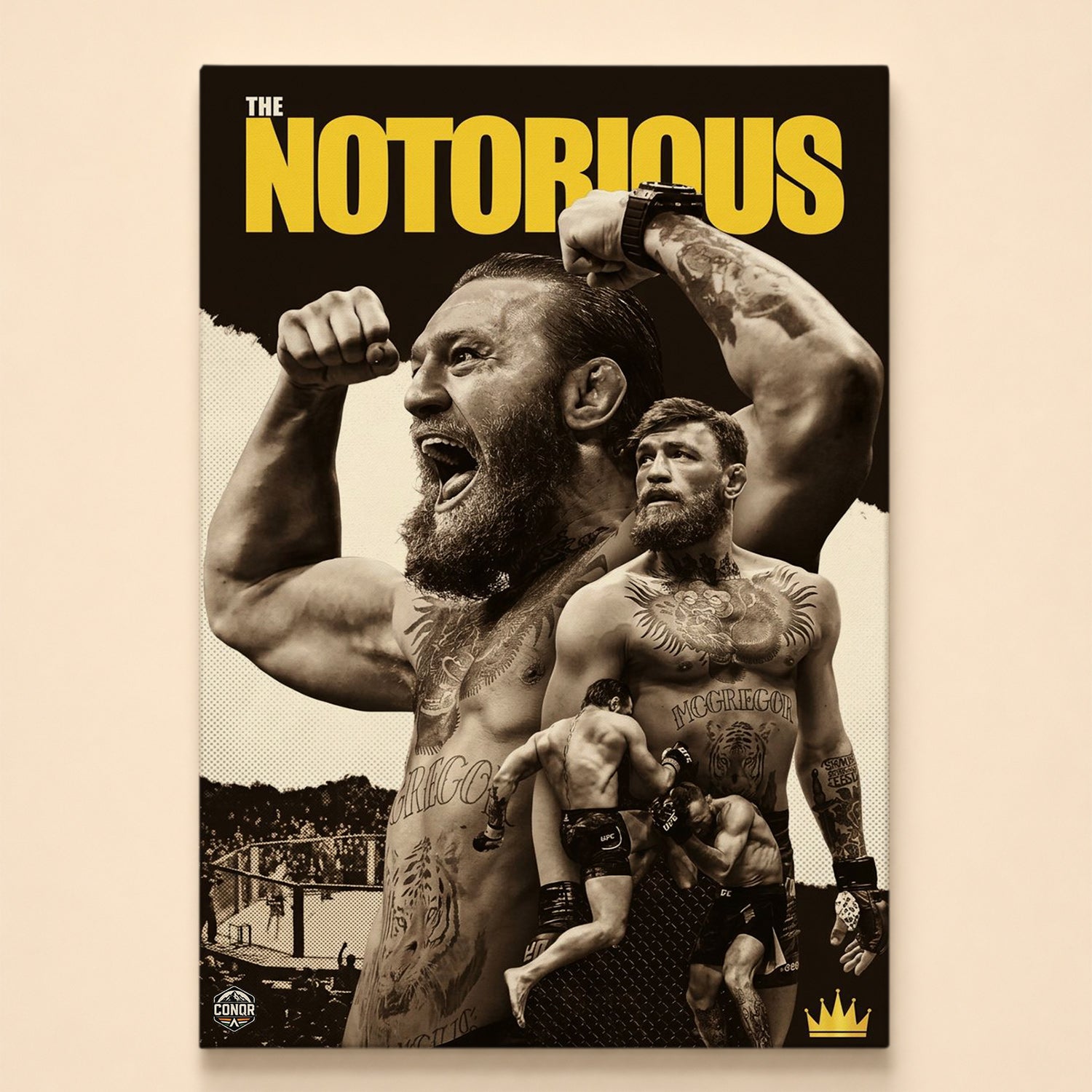 Sepia collage of a tattooed MMA champion's fight moments – The Notorious