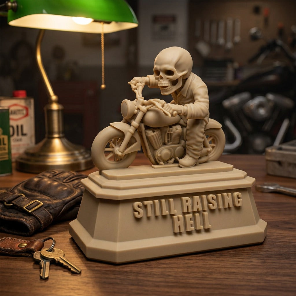 Still Raising Hell — Skeleton Biker Desk Sculpture | Lightweight PLA Material