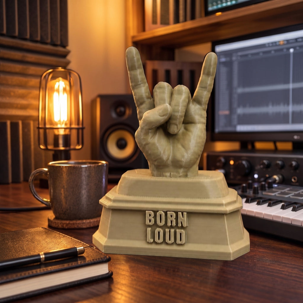 Born Loud XL (155 mm) on a music studio desk, shown to scale beside a mug and keyboard