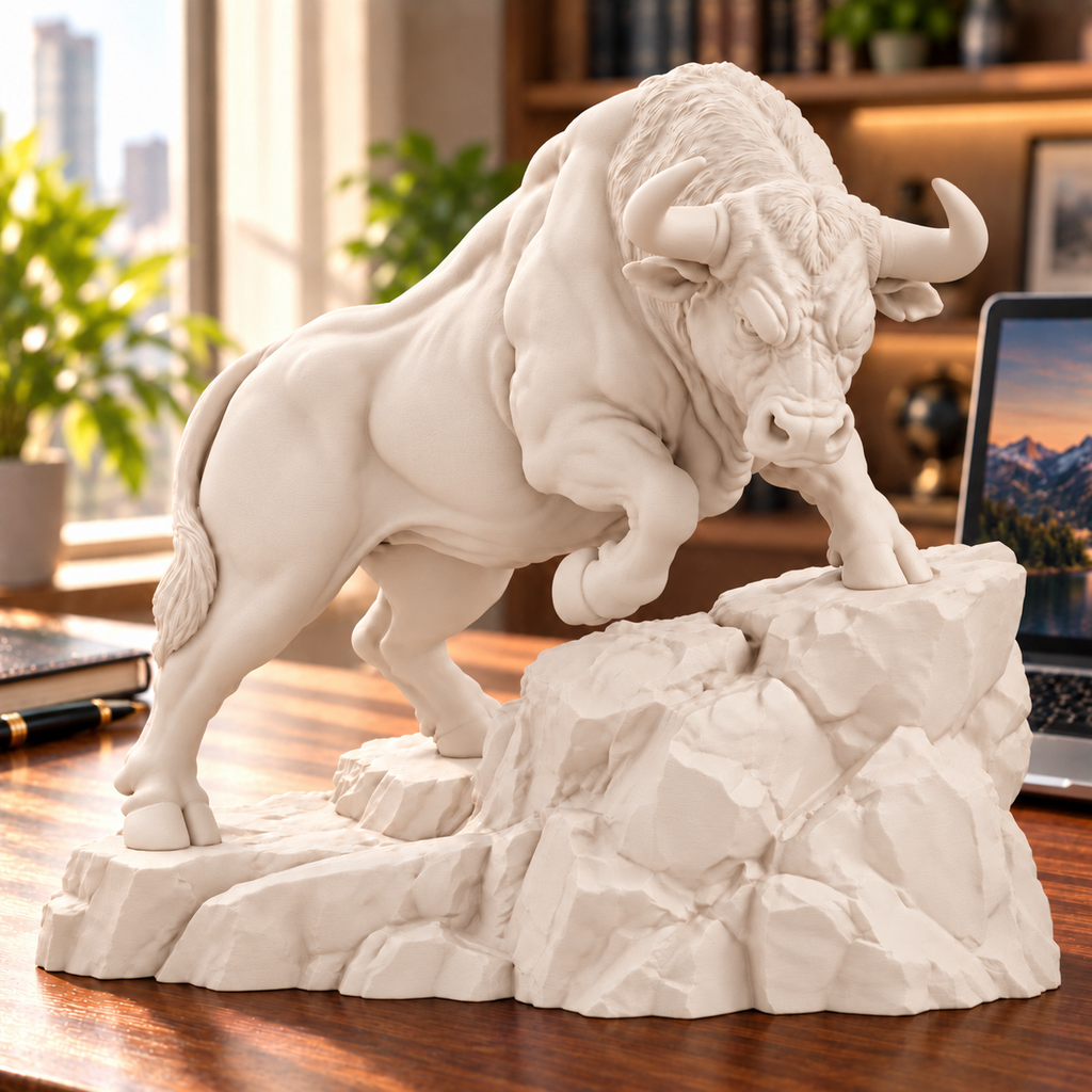 CONQR Bull lightweight 3D printed PLA desk statue, 9 inch, Warm Beige - office desk