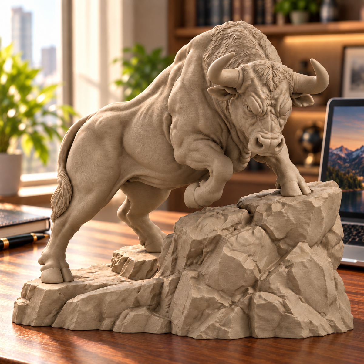 CONQR Bull lightweight 3D printed PLA desk statue, 9 inch, Sandstorm - office desk