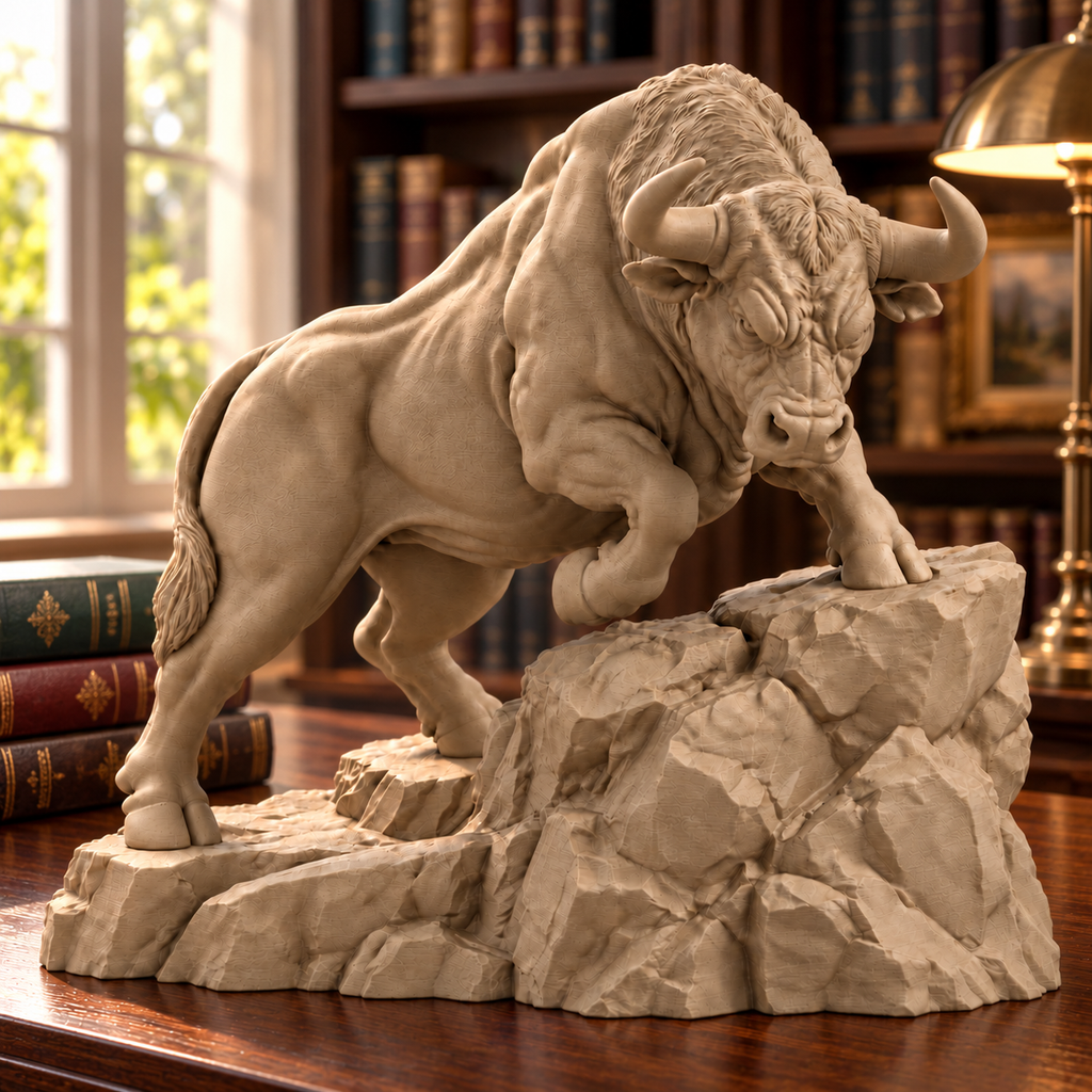 CONQR Bull lightweight 3D printed PLA desk statue, 9 inch, Sandstorm - bookshelf