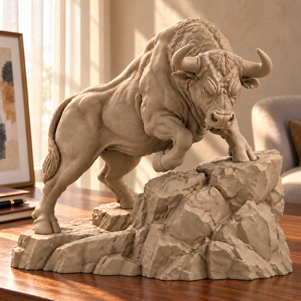 CONQR Bull lightweight 3D printed PLA desk statue, 9 inch, Sandstorm - home console