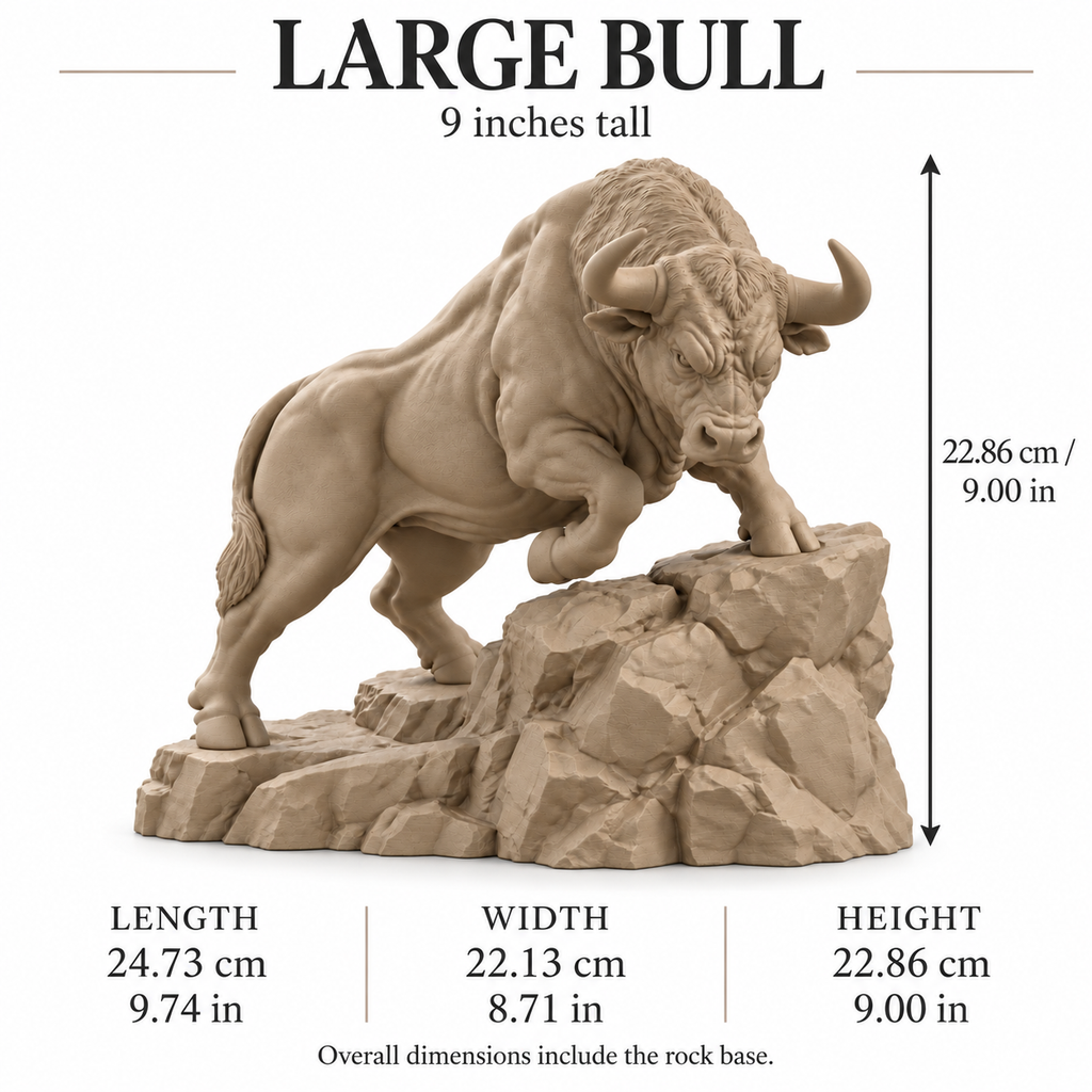 CONQR Bull lightweight 3D printed PLA desk statue, 9 inch, Sandstorm - size guide
