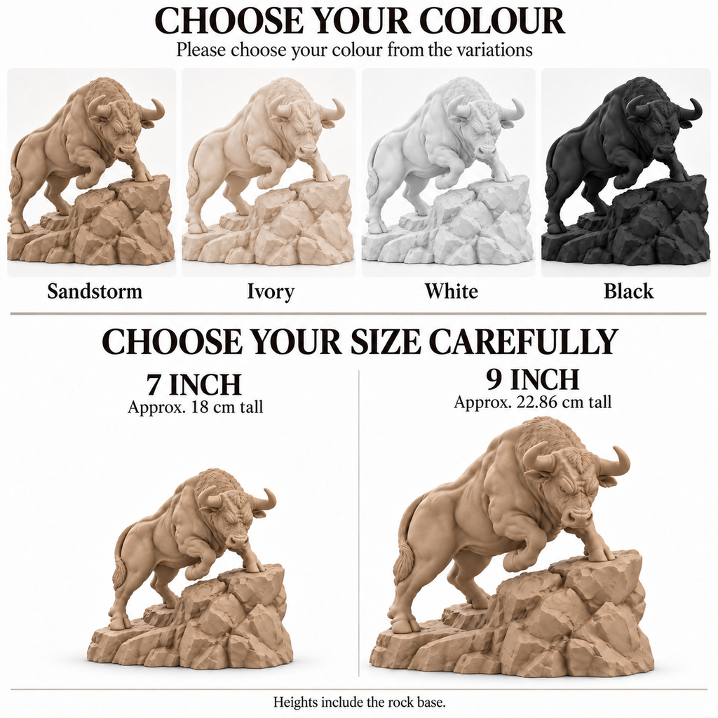 CONQR Bull lightweight 3D printed PLA desk statue, 9 inch, Sandstorm - colours and sizes