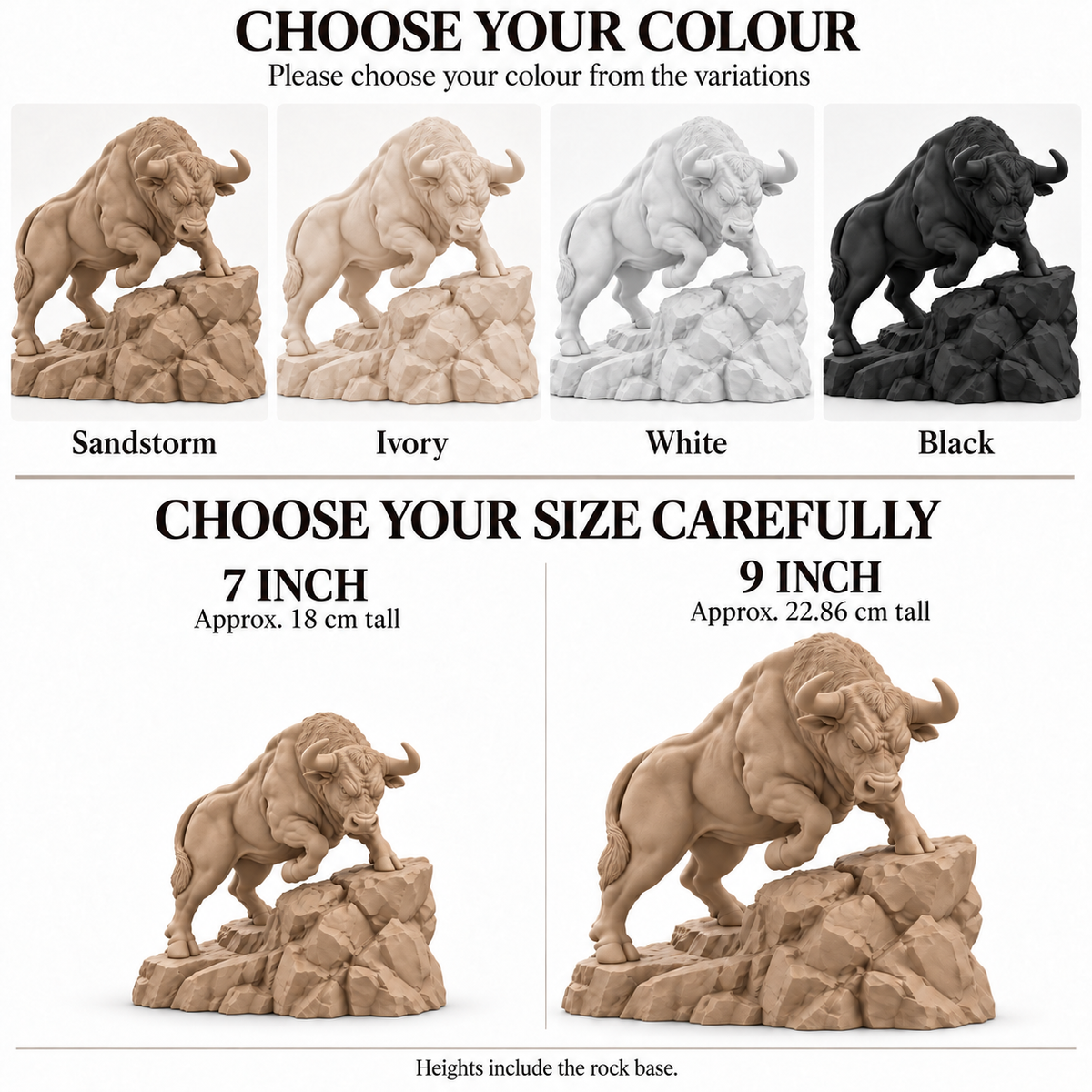 CONQR Bull lightweight 3D printed PLA desk statue, 9 inch, Sandstorm - colours and sizes