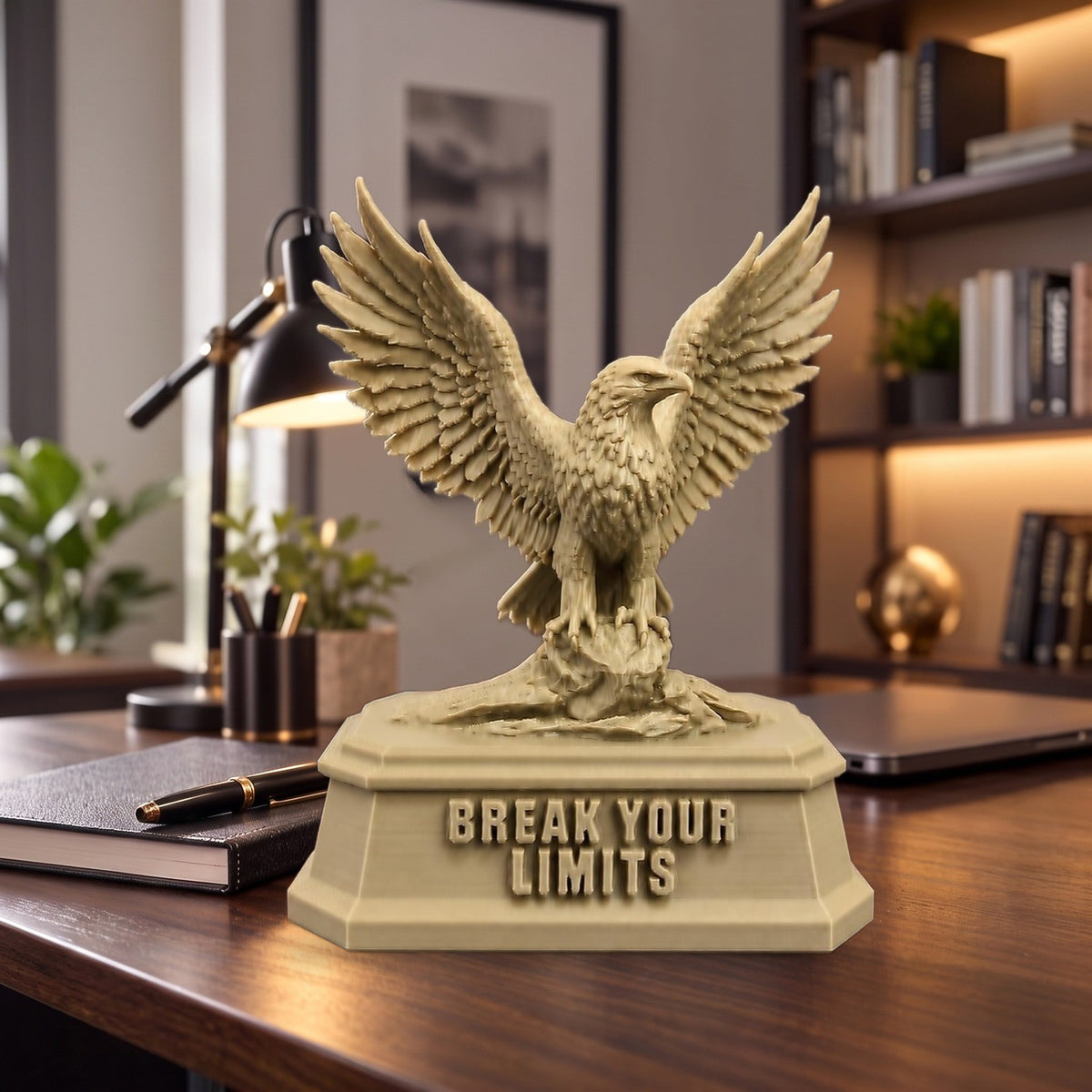 The Eagle XL (156 mm) on a dark wooden desk, shown to scale beside a lamp and notebook