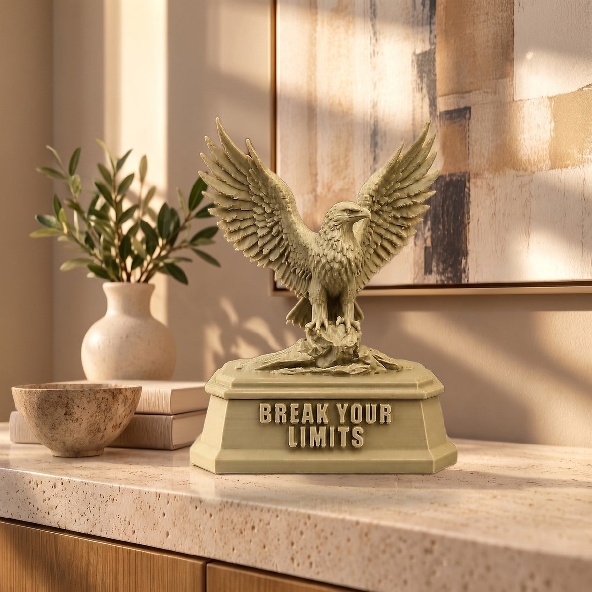 The Eagle XL on a stone counter, shown to scale beside a vase and books