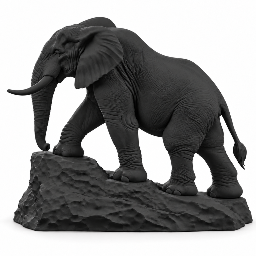 CONQR Elephant lightweight 3D printed PLA desk statue, 7 inch, Black - white background