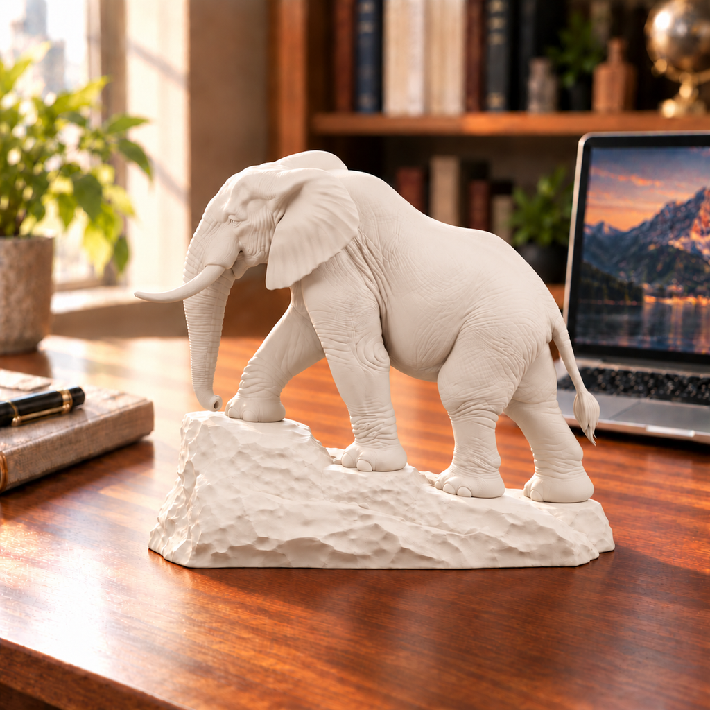 CONQR Elephant lightweight 3D printed PLA desk statue, 7 inch, Warm Beige - office desk