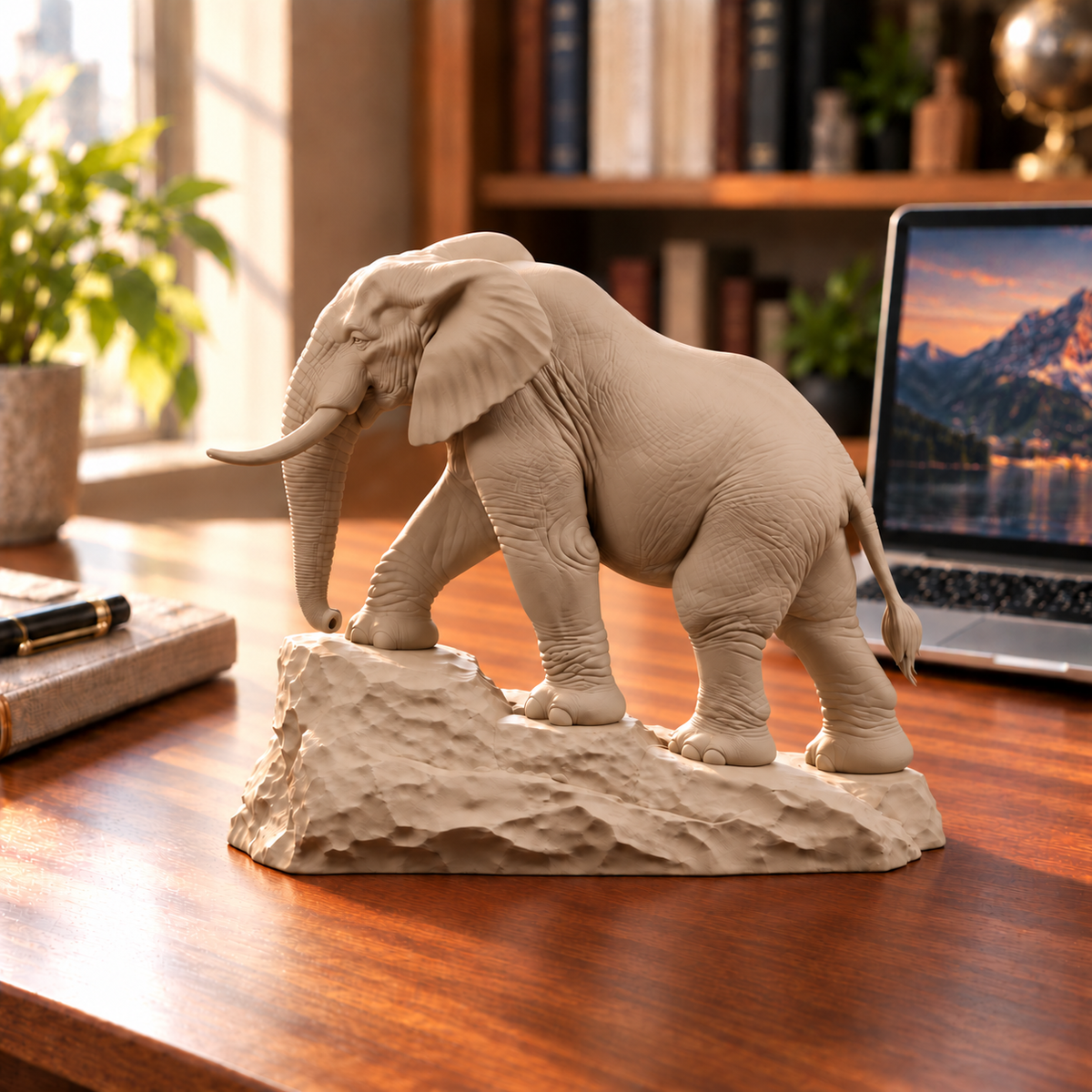 CONQR Elephant lightweight 3D printed PLA desk statue, 7 inch, Sandstorm - office desk