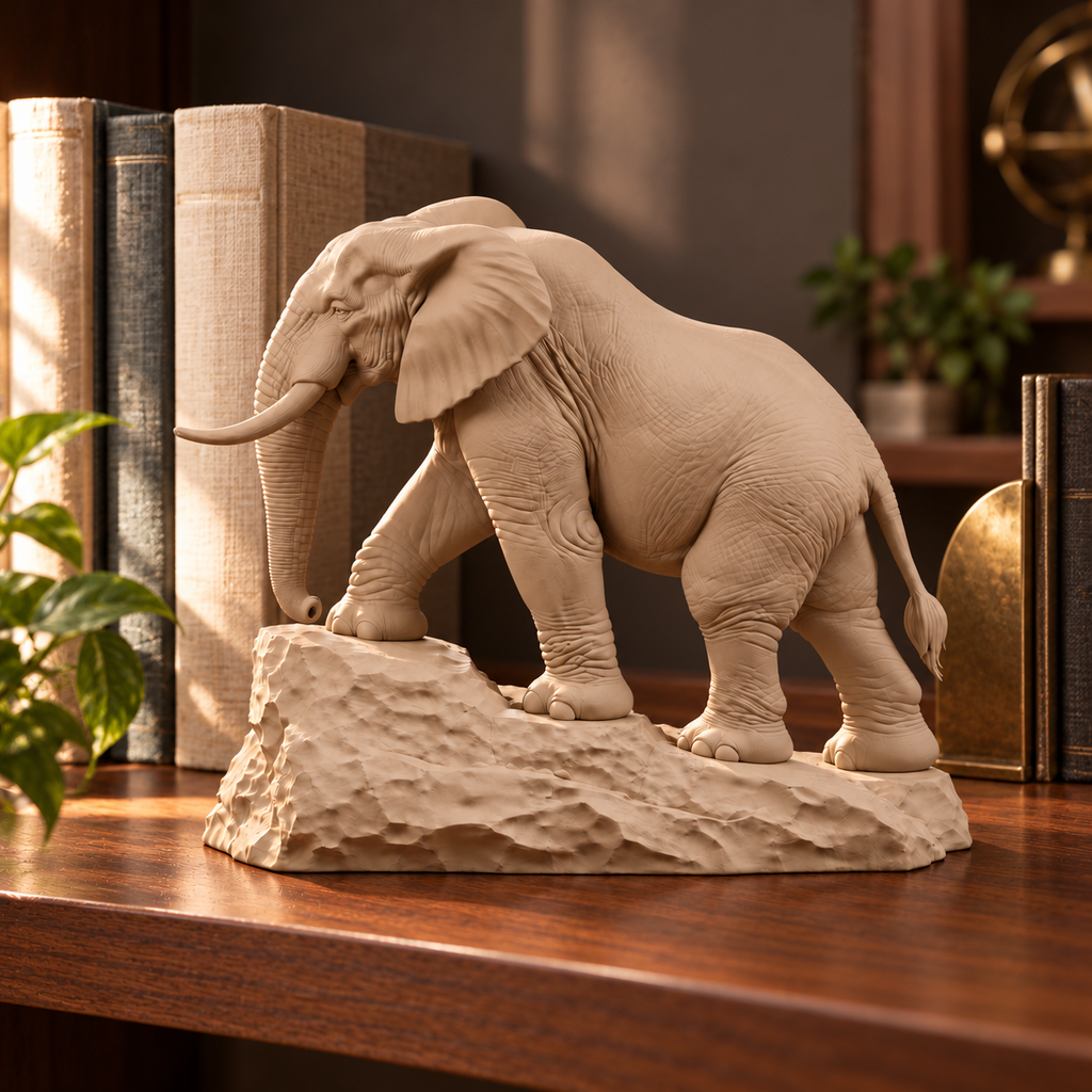 CONQR Elephant lightweight 3D printed PLA desk statue, 7 inch, Sandstorm - bookshelf
