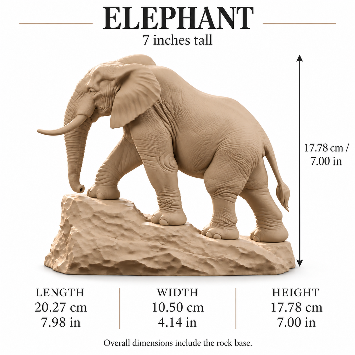 CONQR Elephant lightweight 3D printed PLA desk statue, 7 inch, Sandstorm - size guide
