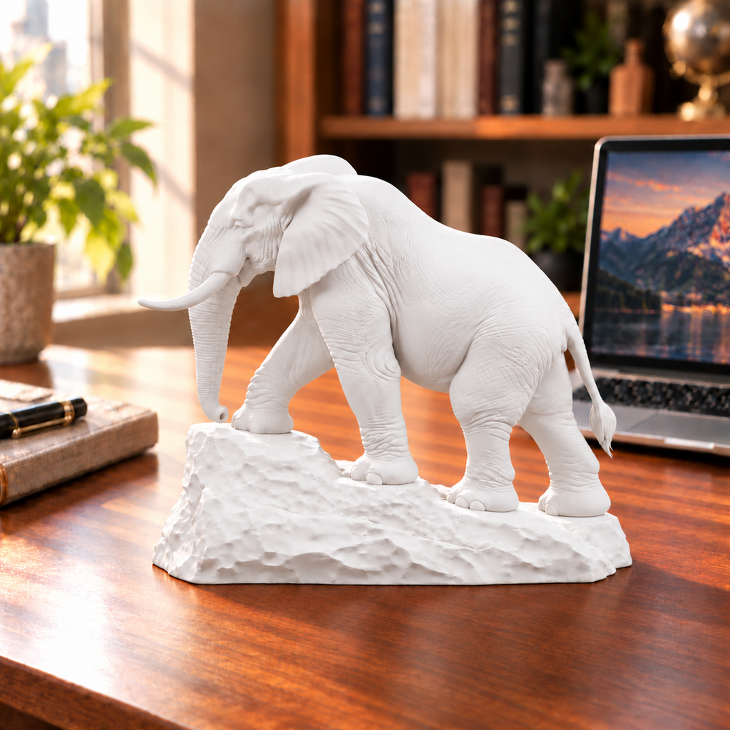 CONQR Elephant lightweight 3D printed PLA desk statue, 7 inch, White - office desk