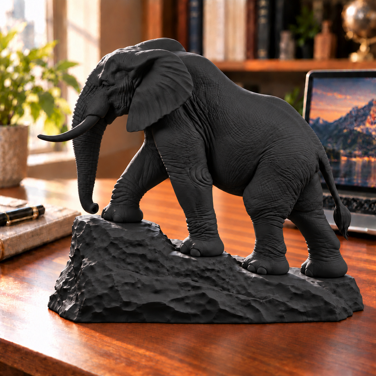 CONQR Elephant lightweight 3D printed PLA desk statue, 9 inch, Black - office desk