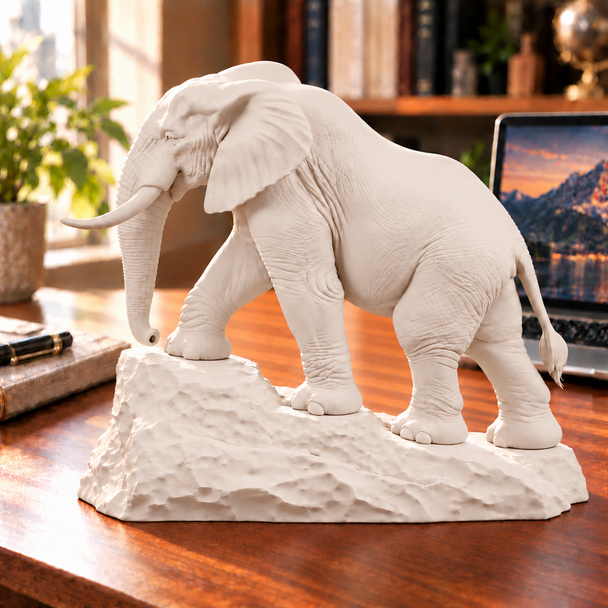 CONQR Elephant lightweight 3D printed PLA desk statue, 9 inch, Warm Beige - office desk
