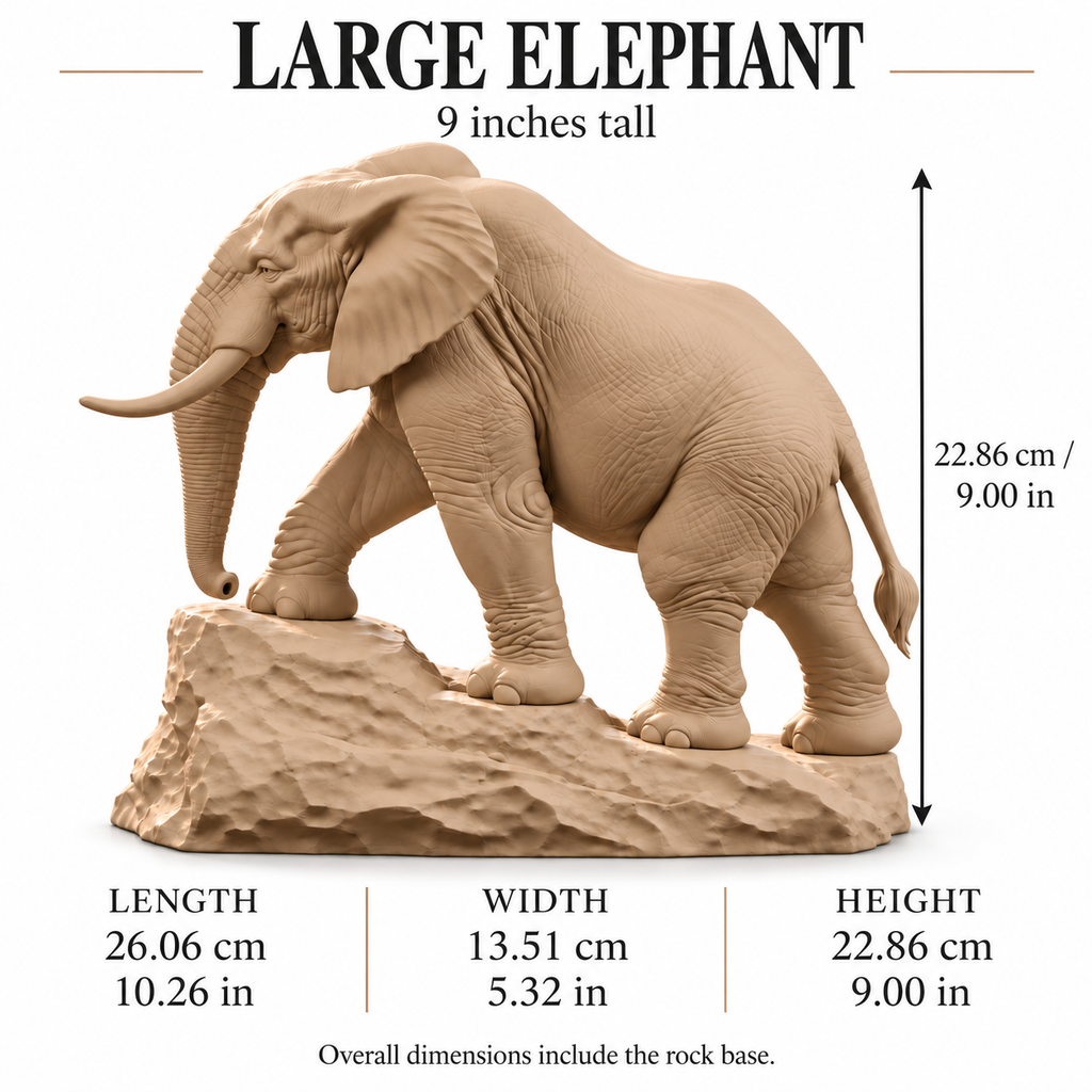 CONQR Elephant lightweight 3D printed PLA desk statue, 9 inch, Sandstorm - size guide