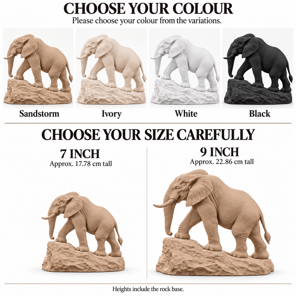 CONQR Elephant lightweight 3D printed PLA desk statue, 9 inch, Sandstorm - colours and sizes