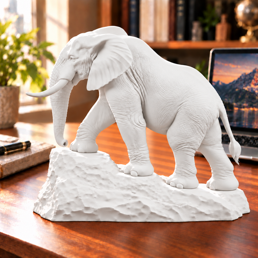 CONQR Elephant lightweight 3D printed PLA desk statue, 9 inch, White - office desk