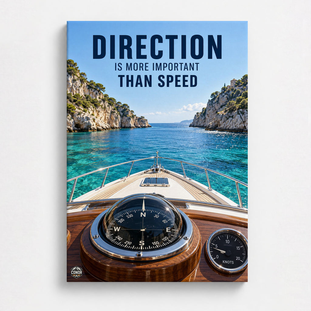 Direction Over Speed motivational wall art with yacht and compass – CONQR