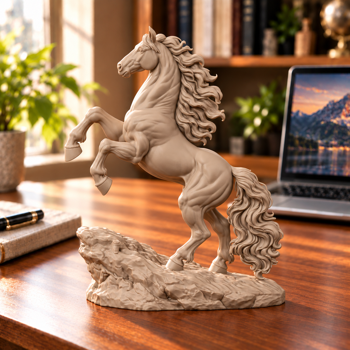 CONQR Horse lightweight 3D printed PLA desk statue, 10 inch, Sandstorm - office desk