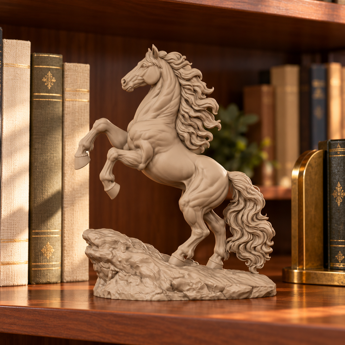 CONQR Horse lightweight 3D printed PLA desk statue, 10 inch, Sandstorm - bookshelf