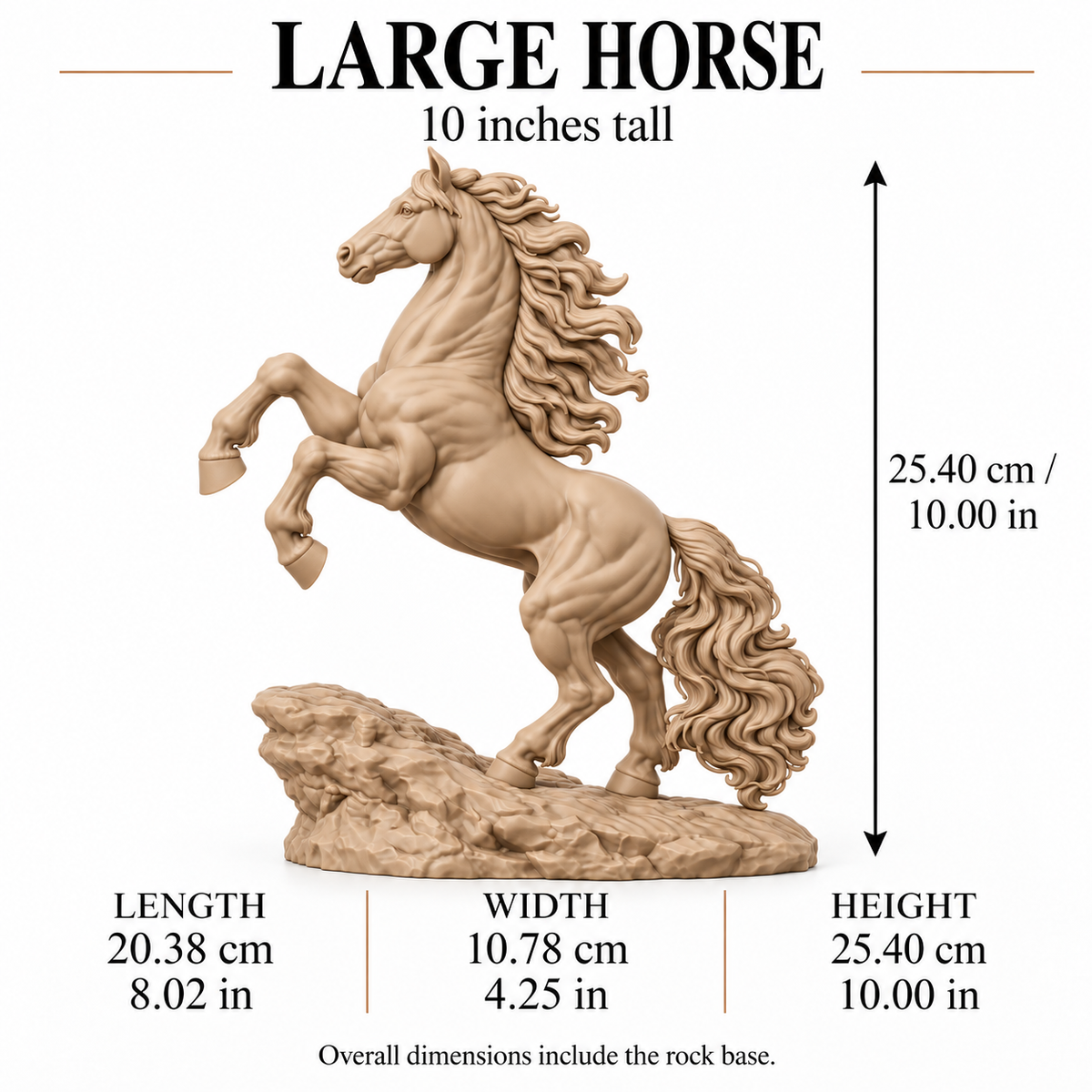 CONQR Horse lightweight 3D printed PLA desk statue, 10 inch, Sandstorm - size guide