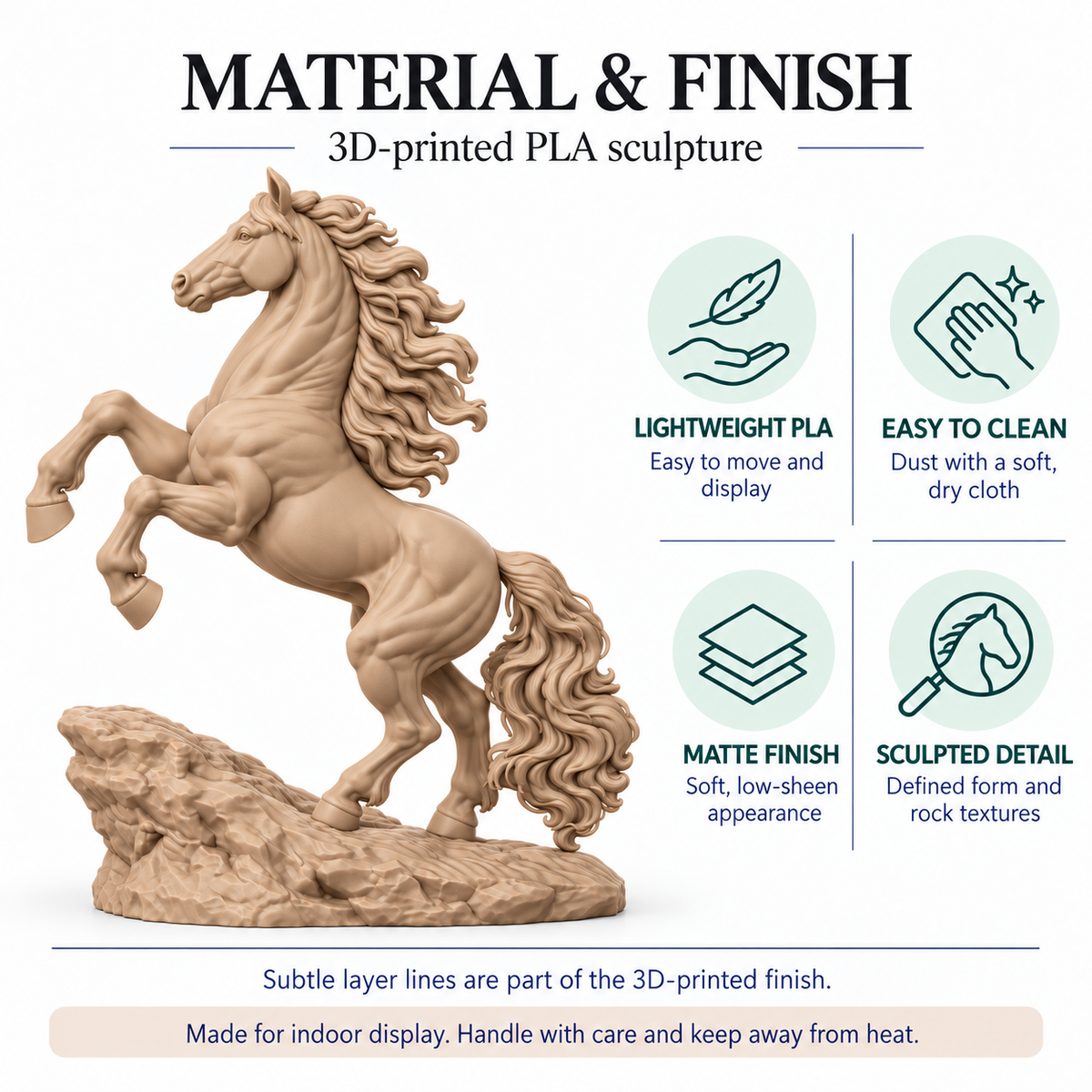CONQR Horse lightweight 3D printed PLA desk statue, 10 inch, Sandstorm - material and finish
