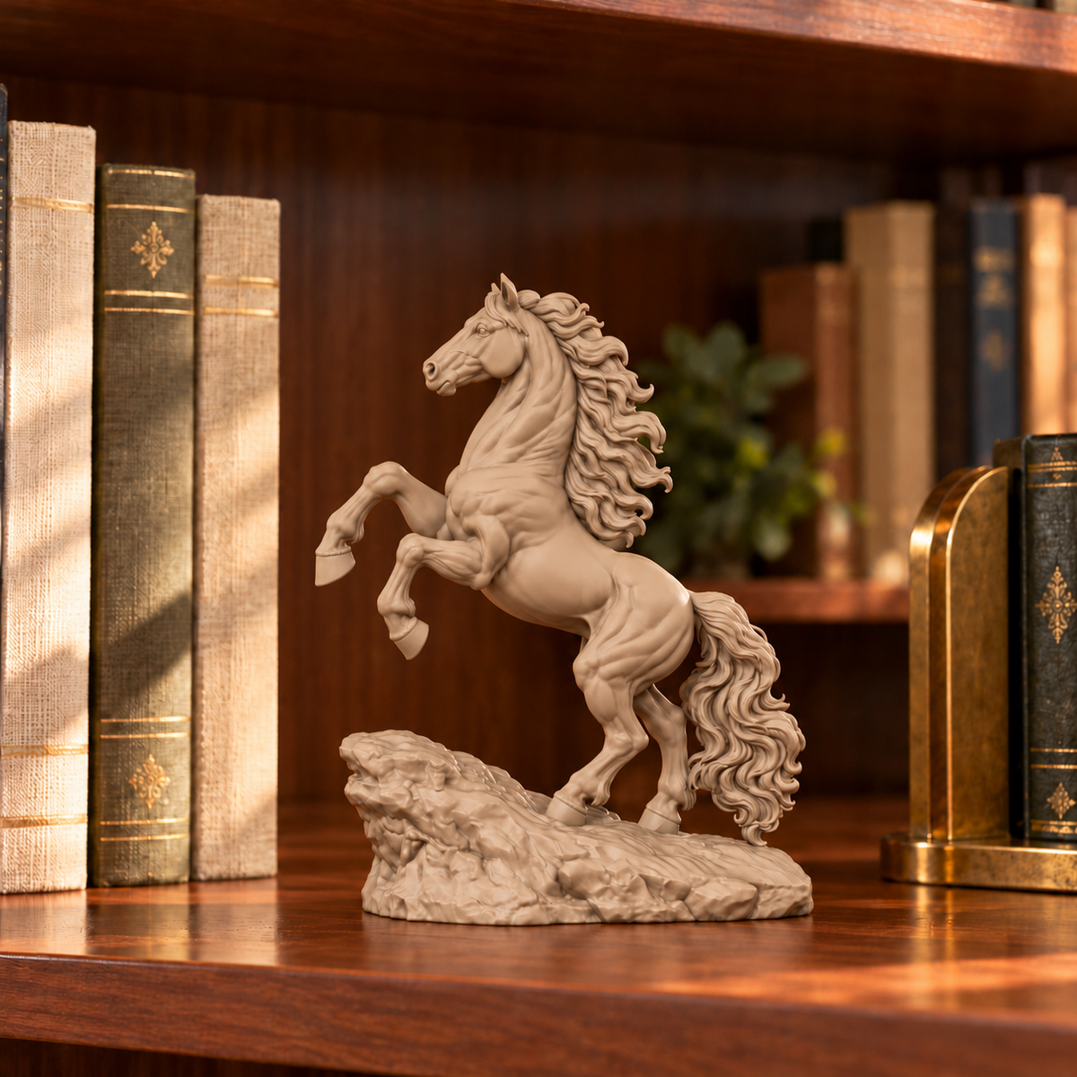CONQR Horse lightweight 3D printed PLA desk statue, 8 inch, Sandstorm - bookshelf