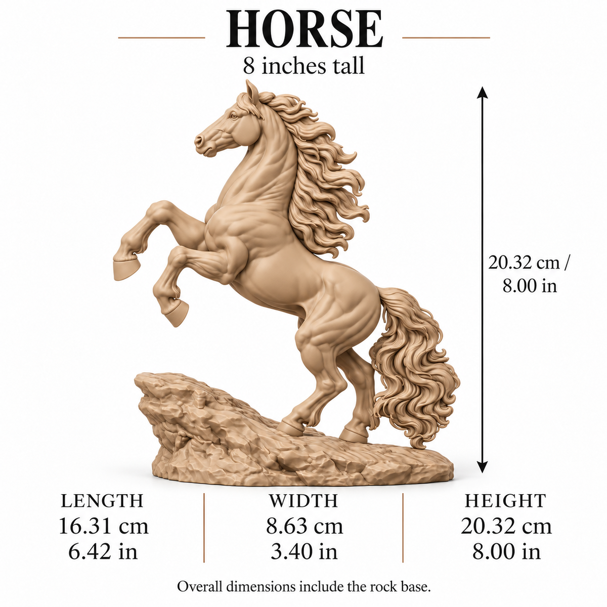 CONQR Horse lightweight 3D printed PLA desk statue, 8 inch, Sandstorm - size guide