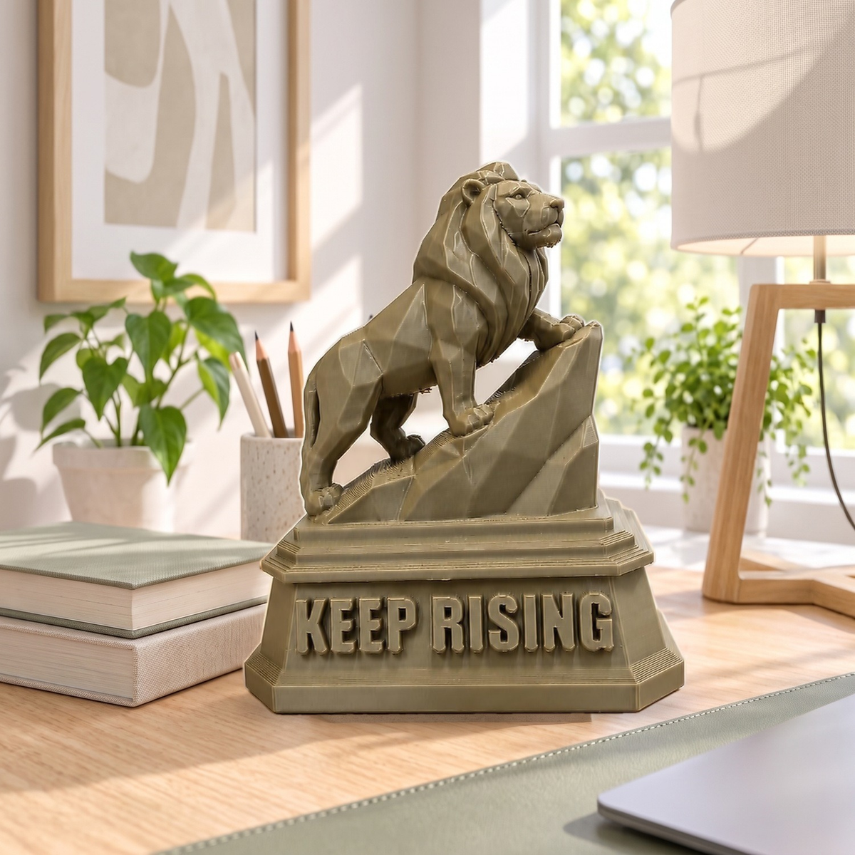 The Lion XL (150 mm) on a sunny office desk, shown to scale beside a pencil cup and books