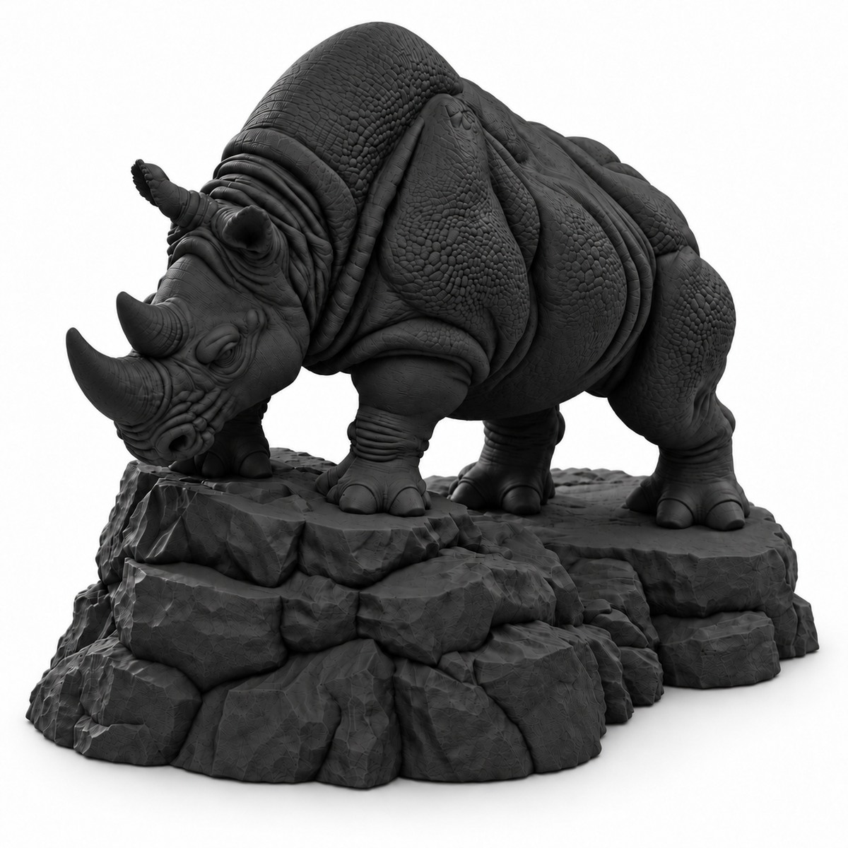 CONQR Rhino lightweight 3D printed PLA desk statue, 8 inch, Black - white background