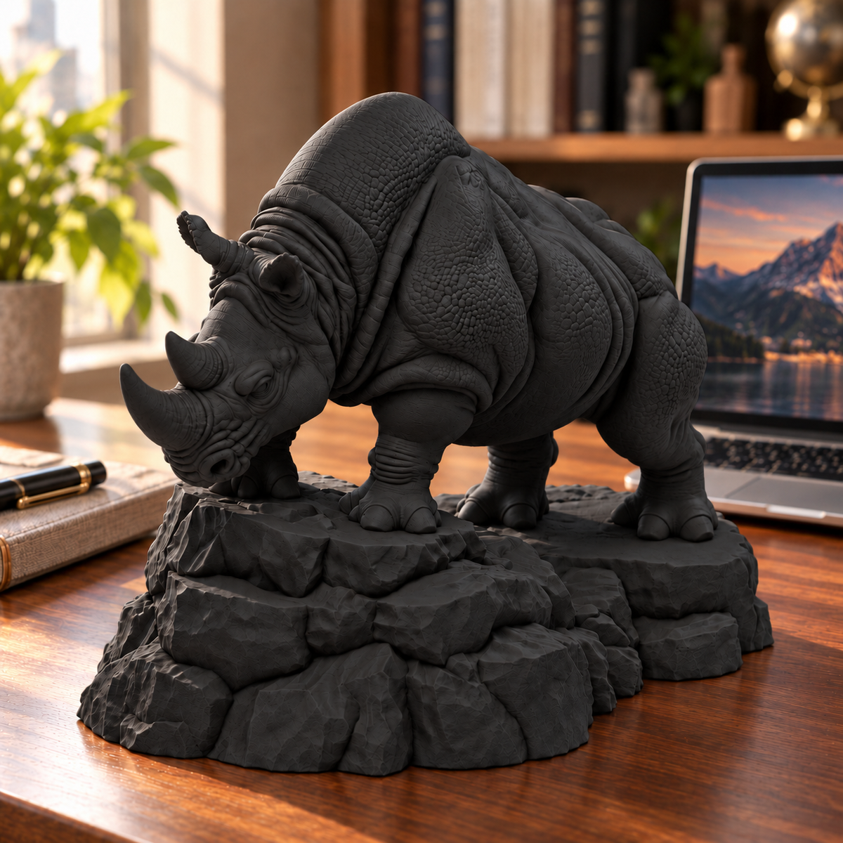 CONQR Rhino lightweight 3D printed PLA desk statue, 8 inch, Black - office desk