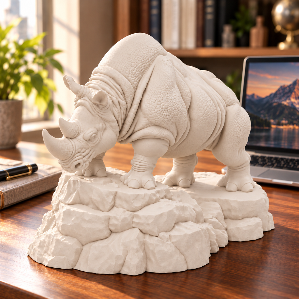 CONQR Rhino lightweight 3D printed PLA desk statue, 8 inch, Warm Beige - office desk