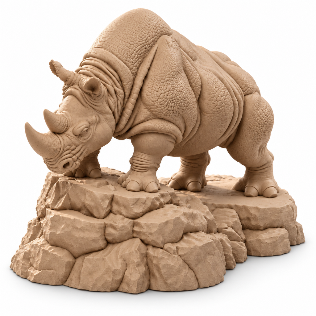 CONQR Rhino lightweight 3D printed PLA desk statue, 8 inch, Sandstorm - white background