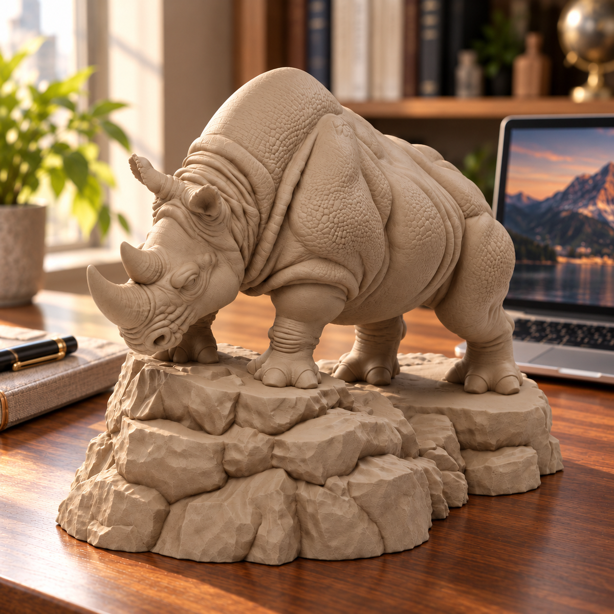 CONQR Rhino lightweight 3D printed PLA desk statue, 8 inch, Sandstorm - office desk