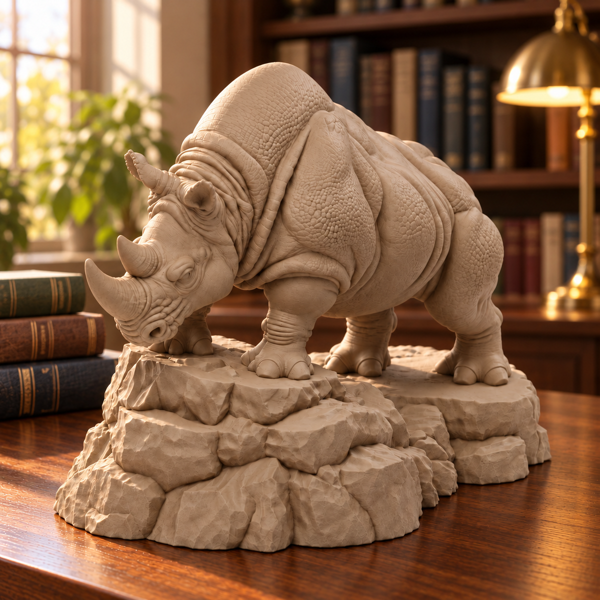 CONQR Rhino lightweight 3D printed PLA desk statue, 8 inch, Sandstorm - bookshelf