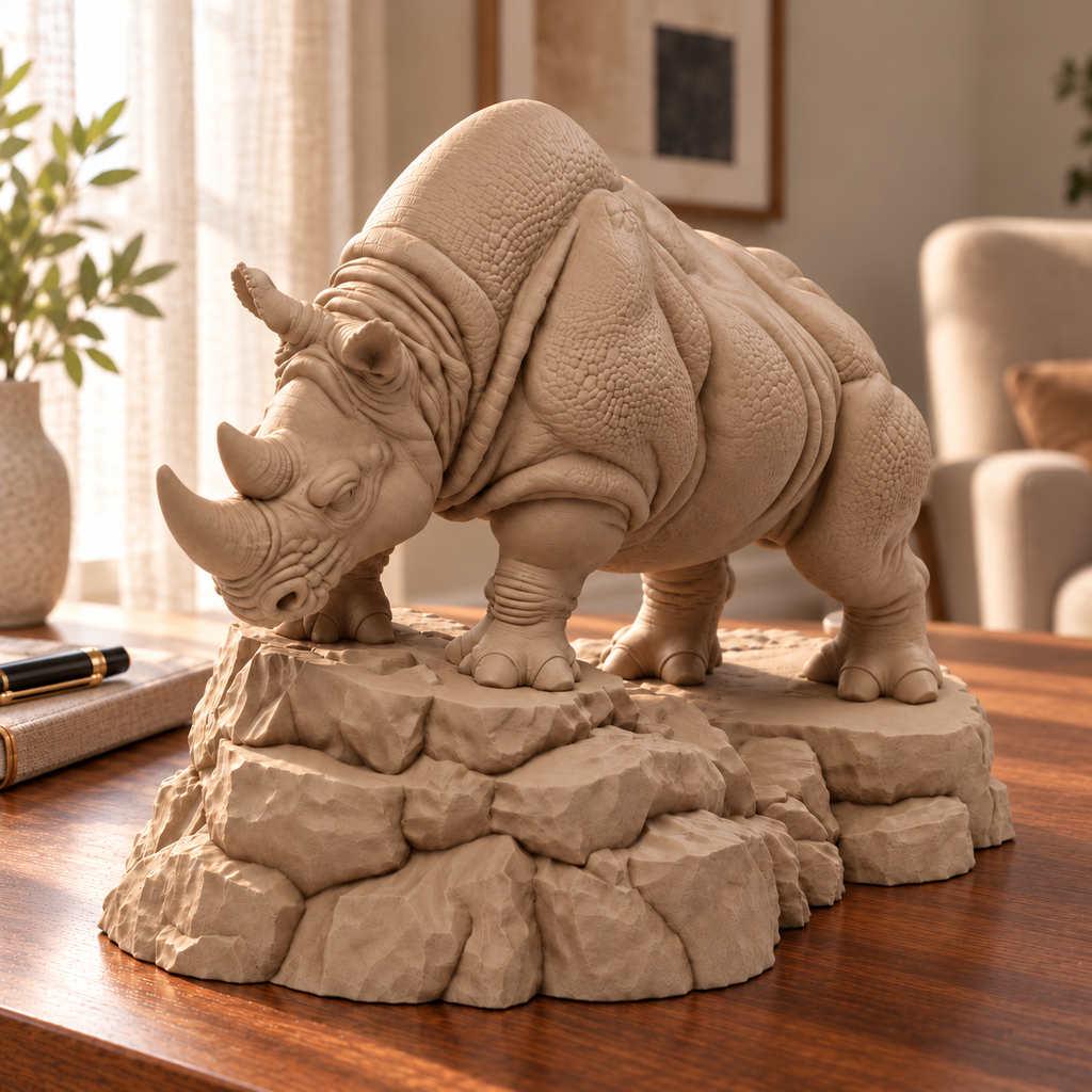 CONQR Rhino lightweight 3D printed PLA desk statue, 8 inch, Sandstorm - home console