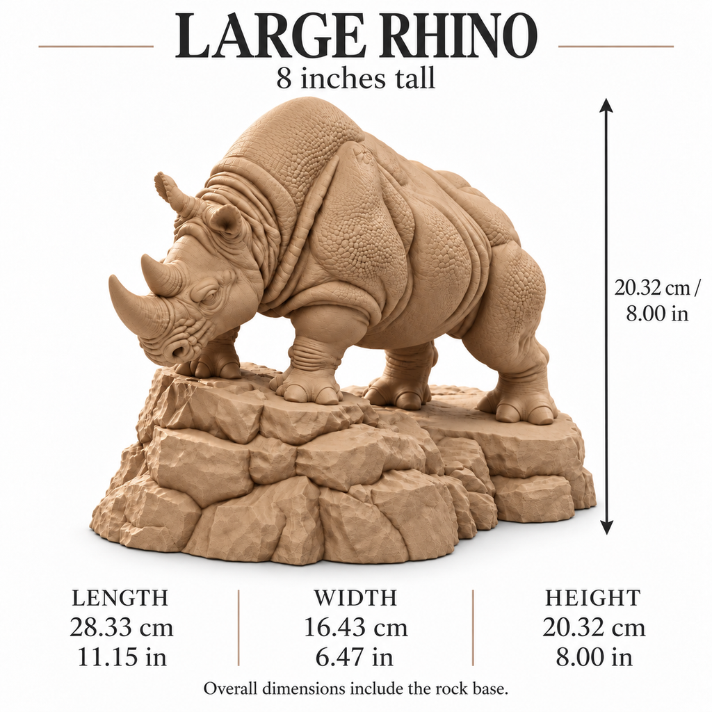CONQR Rhino lightweight 3D printed PLA desk statue, 8 inch, Sandstorm - size guide