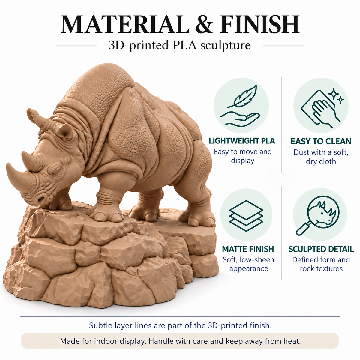 CONQR Rhino lightweight 3D printed PLA desk statue, 8 inch, Sandstorm - material and finish