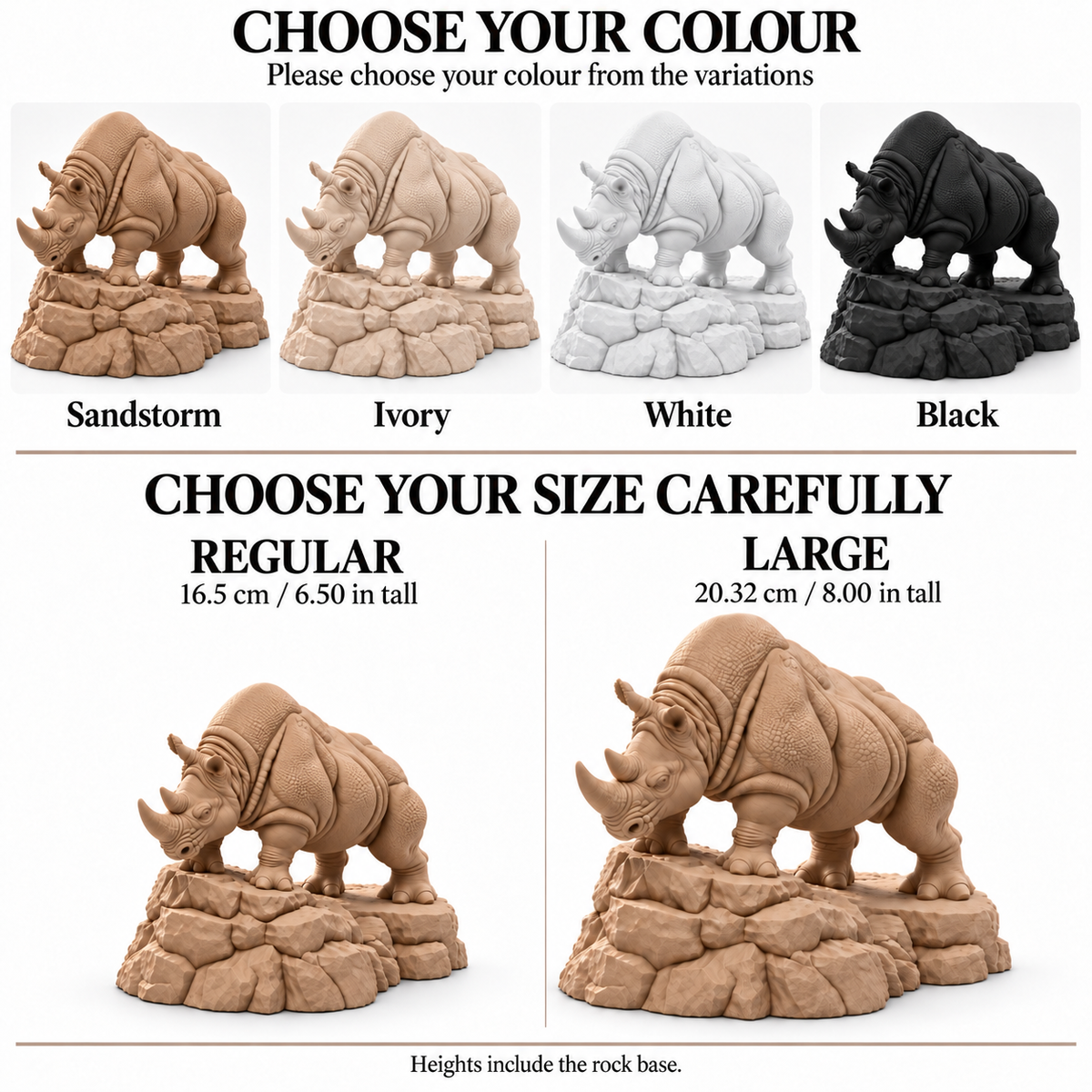 CONQR Rhino lightweight 3D printed PLA desk statue, 8 inch, Sandstorm - colours and sizes