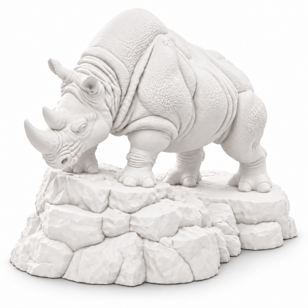 CONQR Rhino lightweight 3D printed PLA desk statue, 8 inch, White - white background